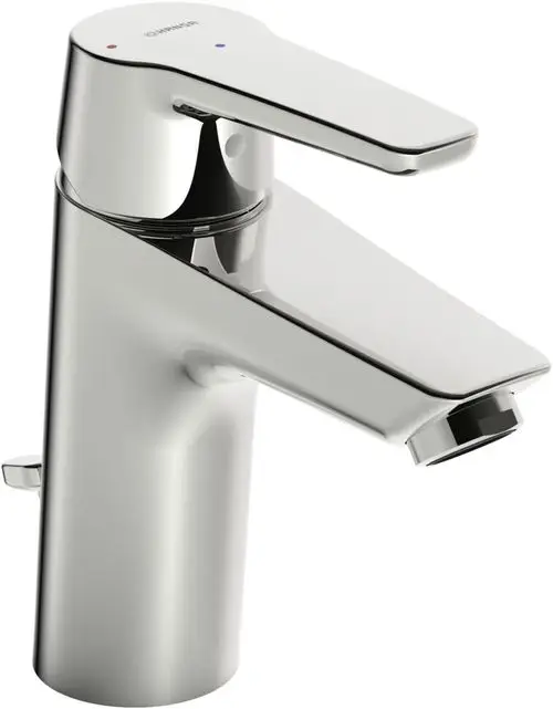 HANSAPOLO Waschtischbatterie in Chrom-Optik mit schmalem Hebel und zwei farbigen Markierungen für Kalt- und Warmwasser. Moderne Form mit runder Auslaufkante.